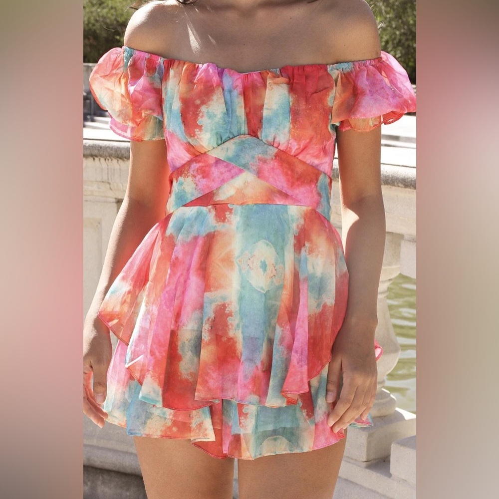 Colorful Watercolor Tie-Dye Romper Ruffles off the shoulder size Small